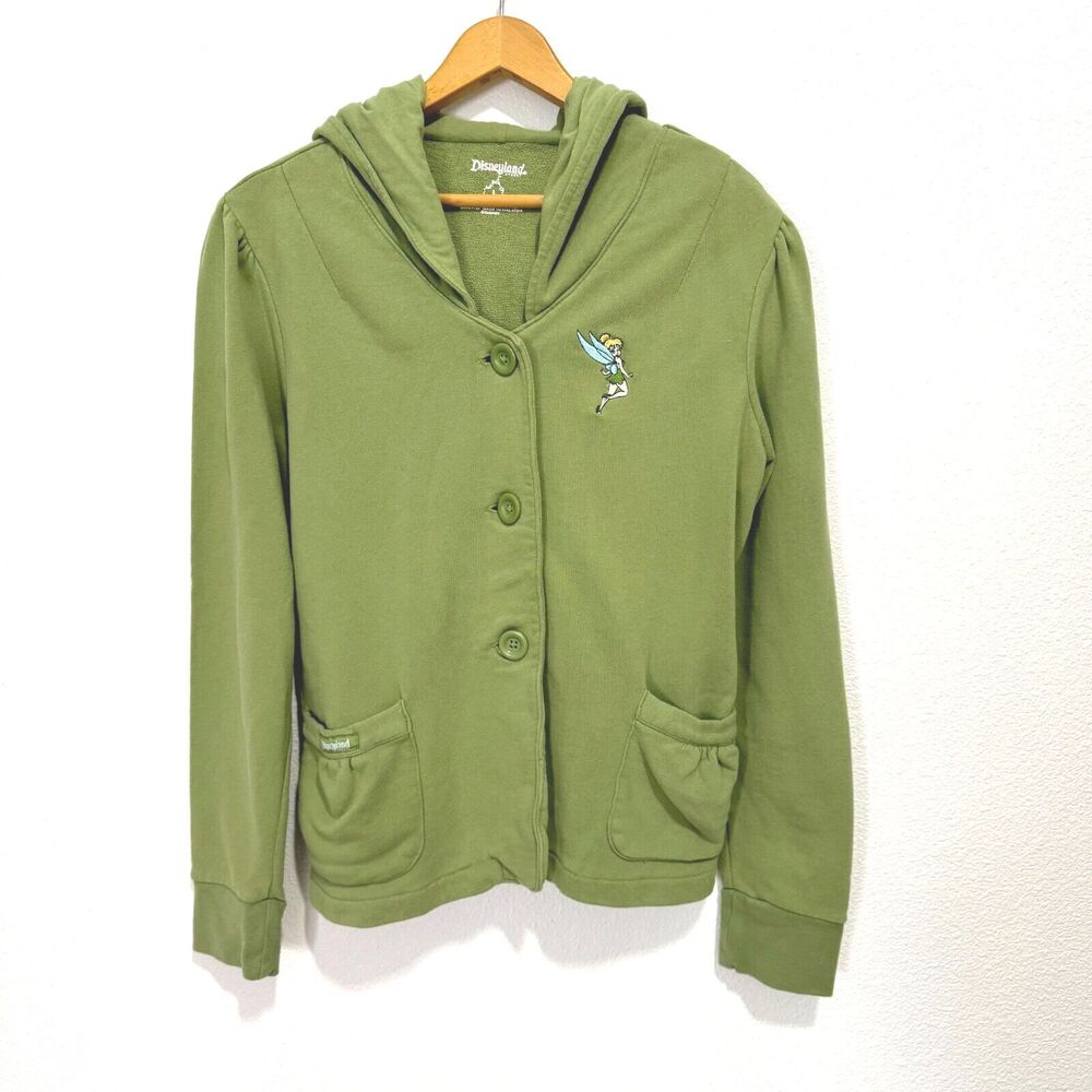 Vintage Disneyland Women Peter Pan Green Cotton Button Down  Long Sleeves Hoodie